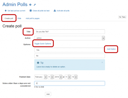 The Create Polls tab of the Admin Polls page.