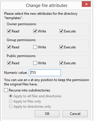 Changing the attributes for a directory with FileZilla.