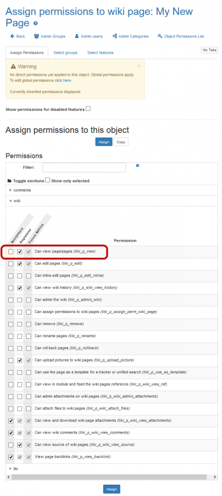 Assigning permissions to MyNewPage