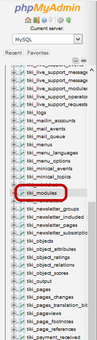 Select the tiki_modules database table.
