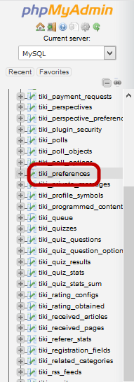 Select the tiki_preferences database table.
