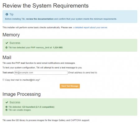 Tiki Installer page: System requirements
