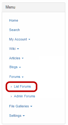 Select the List Forums option in the Forums menu.