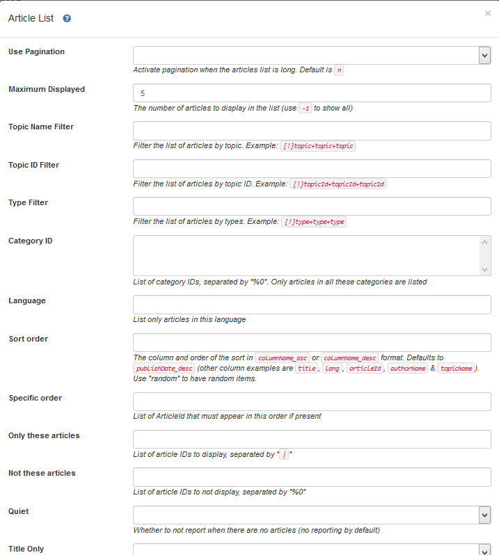 Using the Plugin help to insert the ARTICLES plugin.