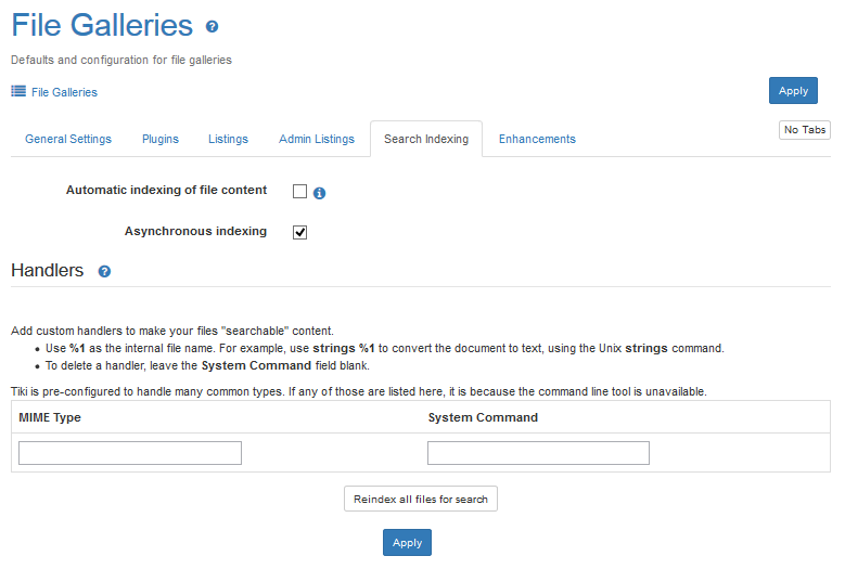 File  Galleries page, Search Indexing tab