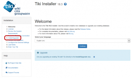 Tiki installer, selecting the upgrade step.