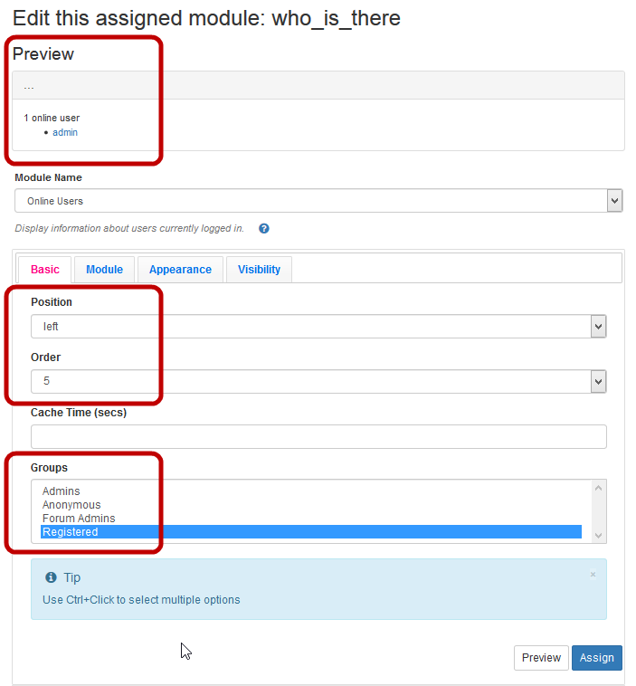 Admin Modules page