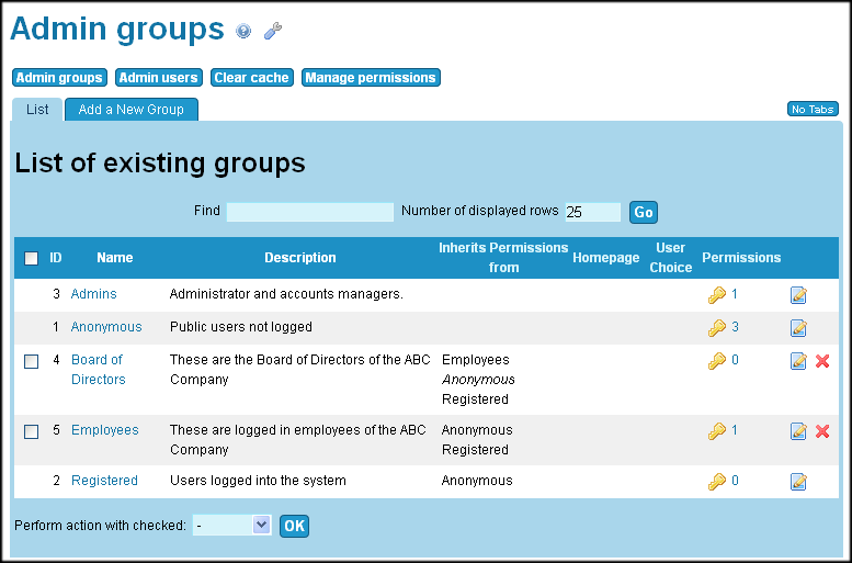 Listing Groups page