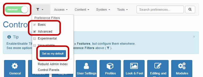 Filtering the configuration preferences